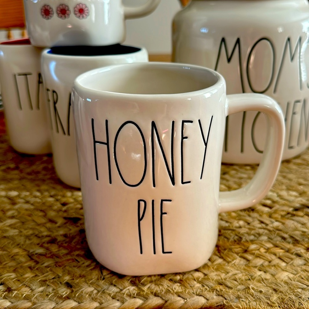 Rae Dunn coffee cup mug, white used, but in good condition, honey pie.